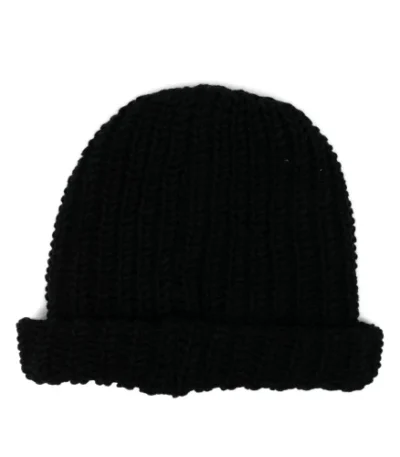 Front view of Maison Mihara Yasuhiro Cable-Knit Beanie with textured knit pattern