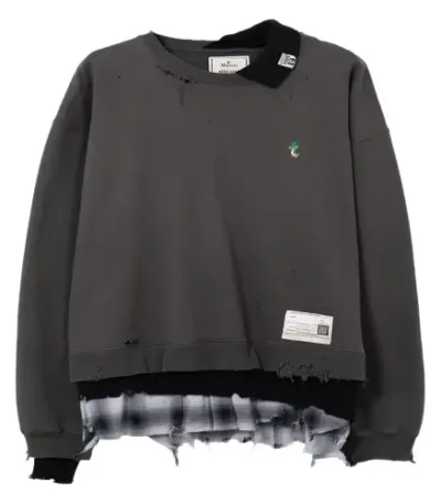 Front view of Maison Mihara Yasuhiro Distressed-Detail Sweatshirt with premium cotton fleece