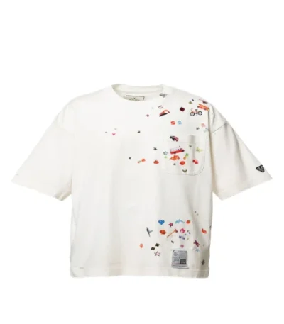 Front view of Maison Mihara Yasuhiro Graphic-Print White Distressed T-Shirt with artistic print
