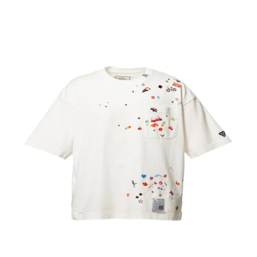 Front view of Maison Mihara Yasuhiro Graphic-Print White Distressed T-Shirt with artistic print