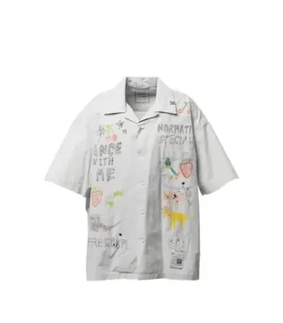 Front view of Maison Mihara Yasuhiro Hand Drawing Print Shirt featuring artistic graphic artwork