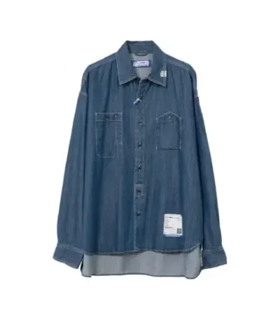 Front view of Maison Mihara Yasuhiro Indigo Blue Denim Shirt in premium cotton denim