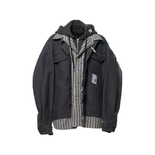 Front view of Maison MIHARA YASUHIRO layered-effect hooded shirt-jacket with button closure