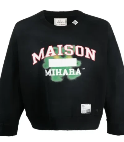 Front view of Maison Mihara Yasuhiro Logo-Print Cotton Black Sweatshirt with signature branding
