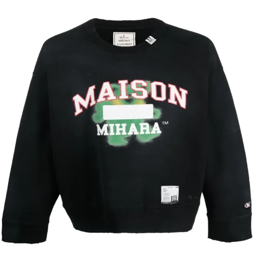 Front view of Maison Mihara Yasuhiro Logo-Print Cotton Black Sweatshirt with signature branding