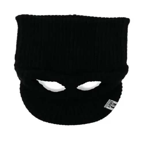 Front view of Maison Mihara Yasuhiro Masked Cat Cap with signature artwork