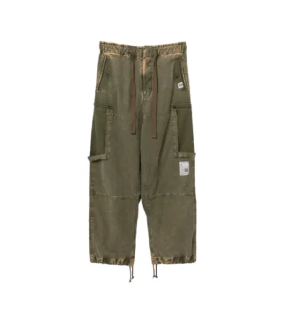 Front view of Maison Mihara Yasuhiro Olive Green Cotton Cargo Pants with utility pockets