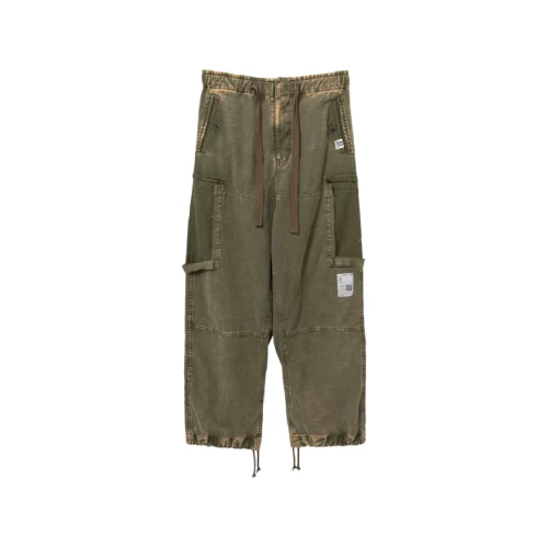 Front view of Maison Mihara Yasuhiro Olive Green Cotton Cargo Pants with utility pockets