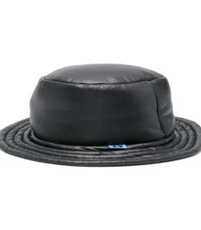 Front view of Maison Mihara Yasuhiro Padded Logo Black Bucket Hat with premium technical fabric