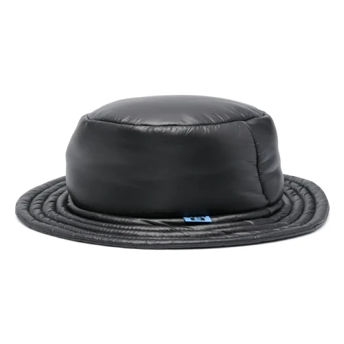 Front view of Maison Mihara Yasuhiro Padded Logo Black Bucket Hat with premium technical fabric