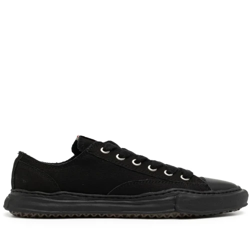 Front perspective of Maison Mihara Yasuhiro Peterson OG Sole Canvas Black Sneaker featuring sculpted rubber sole
