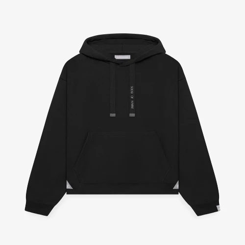 Front view of Maison Mihara Yasuhiro S.O.S French Terry Black Hoodie
