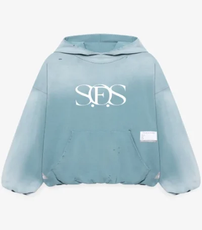 Front view of Maison Mihara Yasuhiro S.O.S Sun Faded Like Light Blue Hoodie