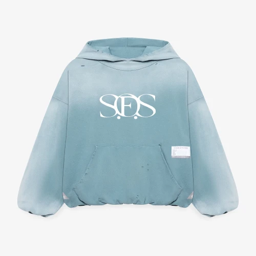 Front view of Maison Mihara Yasuhiro S.O.S Sun Faded Like Light Blue Hoodie