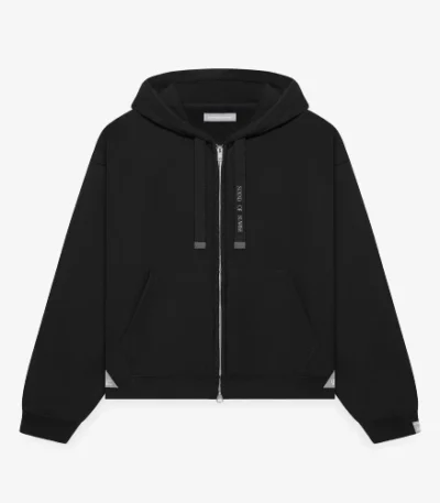Front view of Maison Mihara Yasuhiro S.O.S Zip Up Black Hoodie