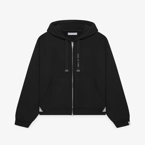 Front view of Maison Mihara Yasuhiro S.O.S Zip Up Black Hoodie