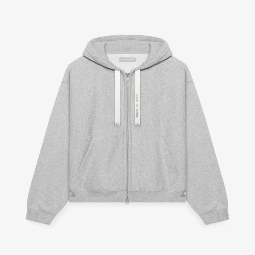 Front view of Maison Mihara Yasuhiro S.O.S Zip Up Grey Hoodie