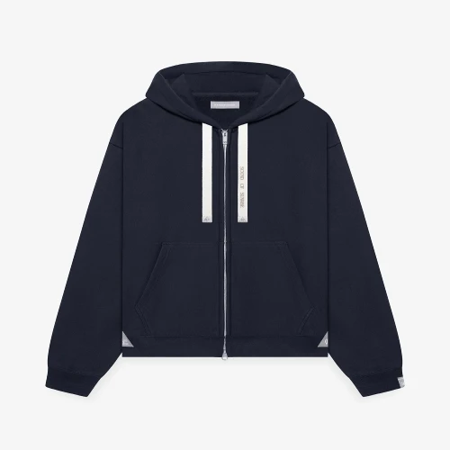 Front view of Maison Mihara Yasuhiro S.O.S Zip Up Navy Hoodie