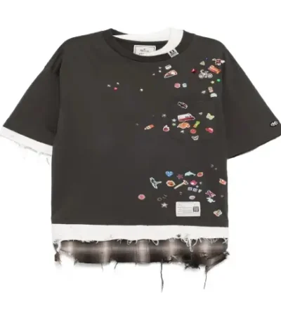 Front view of Maison Mihara Yasuhiro Sticker Layered T-Shirt with layered graphic design