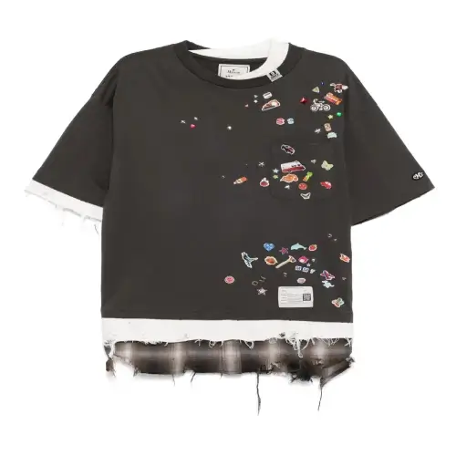 Front view of Maison Mihara Yasuhiro Sticker Layered T-Shirt with layered graphic design