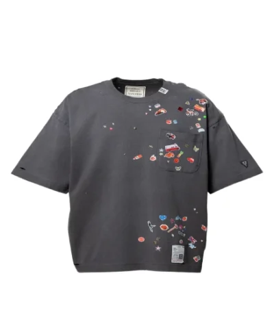 Front view of Maison Mihara Yasuhiro Sticker-Print T-Shirt with artistic graphic design