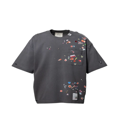 Front view of Maison Mihara Yasuhiro Sticker-Print T-Shirt with artistic graphic design
