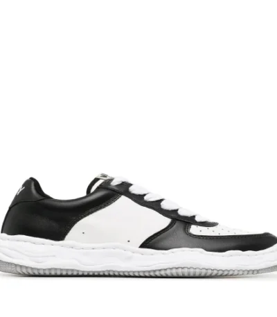Front angle of Maison Mihara Yasuhiro Wayne Two-Tone Leather Sneakers with premium leather panels