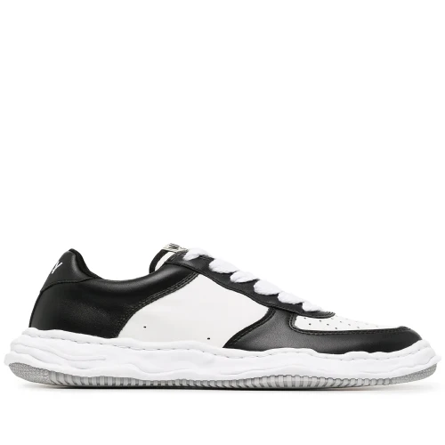 Front angle of Maison Mihara Yasuhiro Wayne Two-Tone Leather Sneakers with premium leather panels