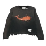 Front view of Maison Mihara Yasuhiro Whale Intarsia-Knit Sweater with artistic whale pattern