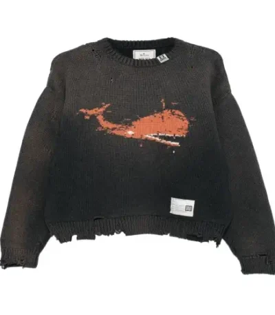 Front view of Maison Mihara Yasuhiro Whale Intarsia-Knit Sweater with artistic whale pattern