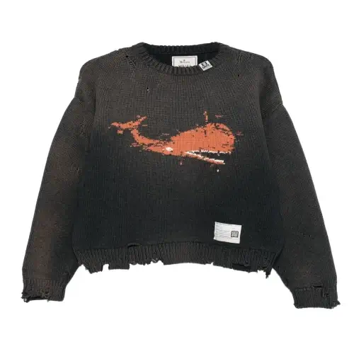 Front view of Maison Mihara Yasuhiro Whale Intarsia-Knit Sweater with artistic whale pattern
