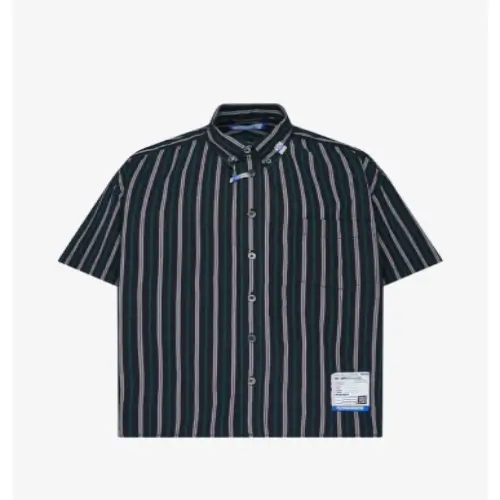 Front view of the Maison Mihara Yasuhiro Stripe-Print Short-Sleeve Shirt highlighting its striped design.