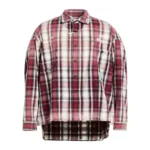 Front view of Maison Mihara Yasuhiro Checked Shirt in pink, green, and black with distressed details.