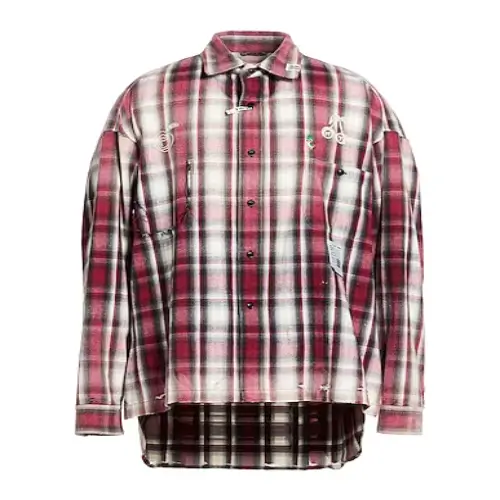 Front view of Maison Mihara Yasuhiro Checked Shirt in pink, green, and black with distressed details.