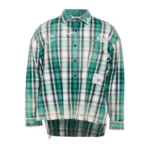 Front view of Maison Mihara Yasuhiro Checked Shirt in pink, white, black, and grey plaid.
