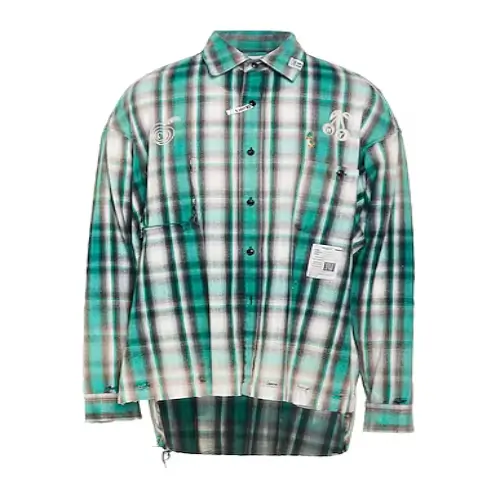 Front view of Maison Mihara Yasuhiro Checked Shirt in pink, white, black, and grey plaid.