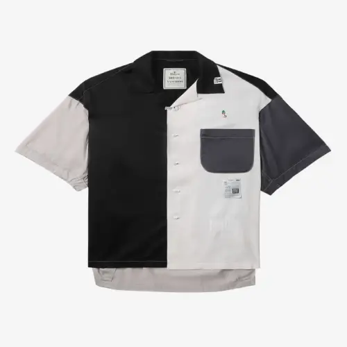 Maison Mihara Yasuhiro Colour-Block Shirt (1) Front view of the Maison Mihara Yasuhiro Colour-Block Shirt showcasing its contrasting colour sections and shirt silhouette.