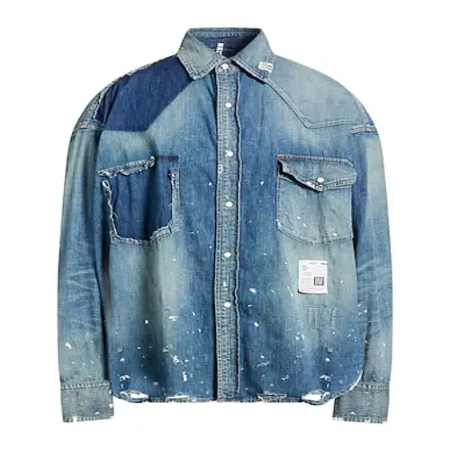 Front view of the Maison Mihara Yasuhiro Denim Shirt highlighting its denim texture and front design.