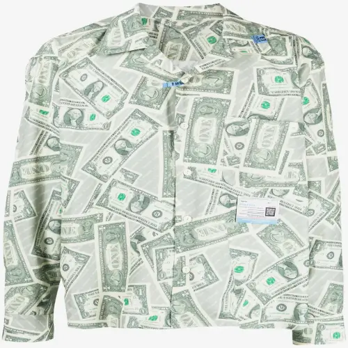 Maison Mihara Yasuhiro Dollar Bill Long-Sleeve Shirt (1) Front view of the Maison Mihara Yasuhiro Dollar Bill Long-Sleeve Shirt highlighting its graphic design and long sleeves.