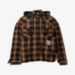 Front view of the Maison Mihara Yasuhiro Hoodie Combine Checkered Shirt showing its hybrid hoodie and checked-shirt design.