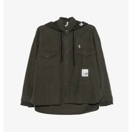 Front view of the Maison Mihara Yasuhiro Hoodie Combine Checkered Shirt showing its hybrid design.