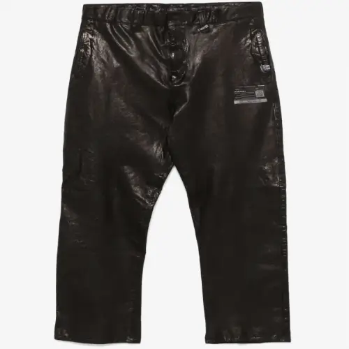 Maison Mihara Yasuhiro Leather Trousers front view showing smooth leather texture and relaxed silhouette