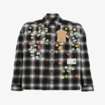 Front view of the Maison Mihara Yasuhiro Price-Sticker Printed Check Shirt featuring checked fabric and sticker-inspired graphics.