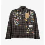 Front view of Maison Mihara Yasuhiro Price Sticker Printed Check Shirt featuring checked fabric and sticker graphics.