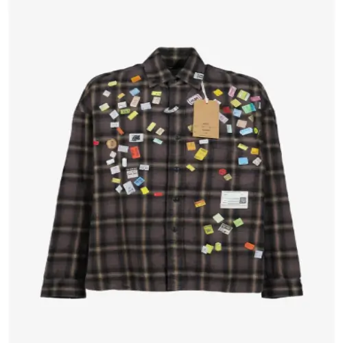 Front view of Maison Mihara Yasuhiro Price Sticker Printed Check Shirt featuring checked fabric and sticker graphics.