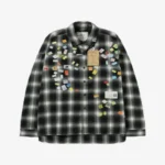 Front view of the Maison Mihara Yasuhiro Price Sticker Printed Check Shirt featuring checked fabric and sticker-inspired graphics.