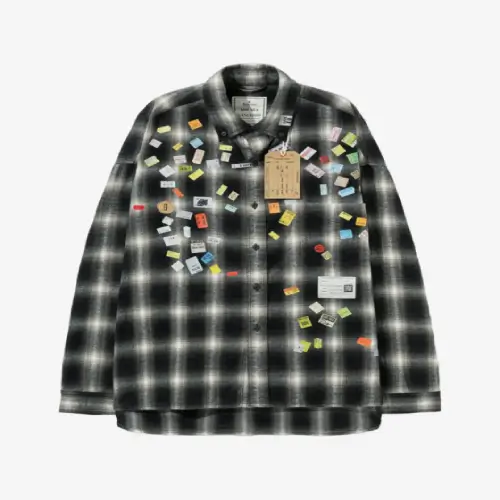 Front view of the Maison Mihara Yasuhiro Price Sticker Printed Check Shirt featuring checked fabric and sticker-inspired graphics.
