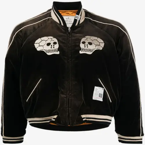 Maison Mihara Yasuhiro Souvenir Velvet Bomber Jacket front view with embroidered skull detail