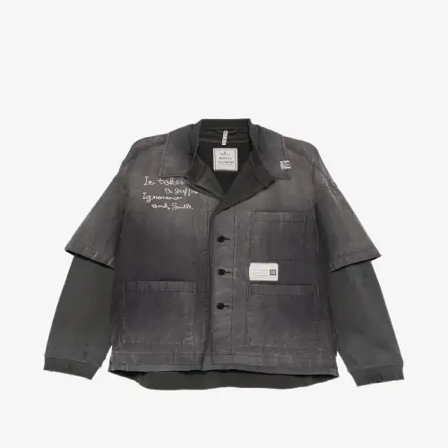 Front view of Maison Mihara Yasuhiro Sweat Layered Work Shirt showcasing its layered design.