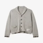 Front view of the Maison Mihara Yasuhiro Sweatshirt Combined Knit Cardigan highlighting its hybrid knitwear design.